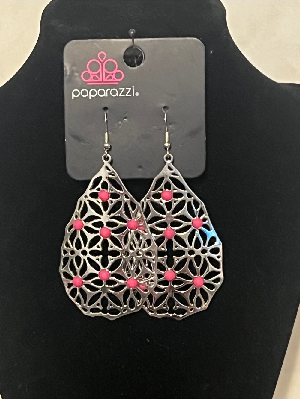 Paparazzi Silver Filigree Teardrop Earrings with Pink Accents